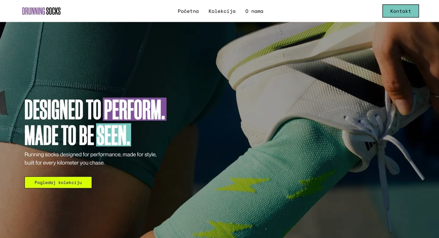 DRS Running Socks home page: runner lacing a shoe, headline “Designed to perform. Made to be seen.”