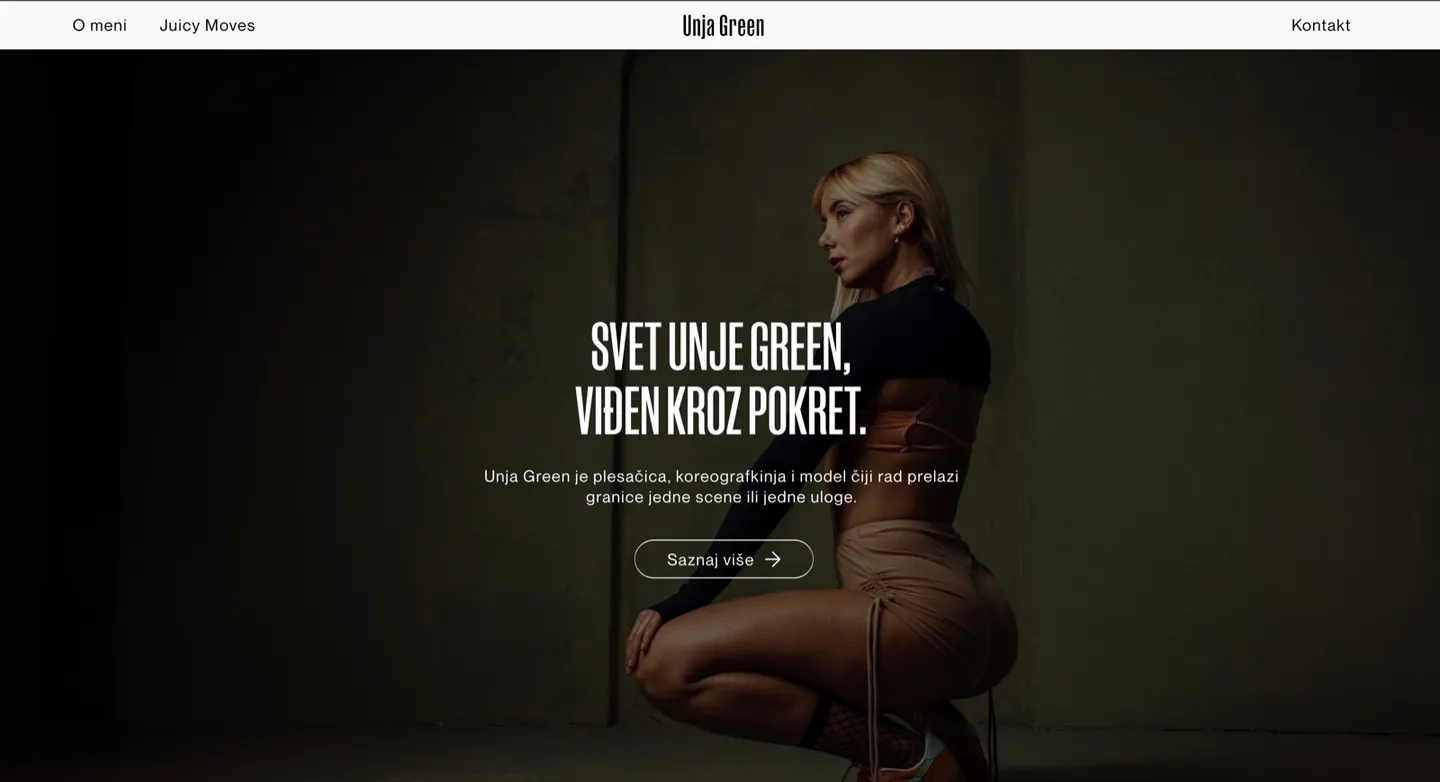 Unja Green home page: full-bleed photograph of a dancer with the headline “Svet Unje Green, viđen kroz pokret”.